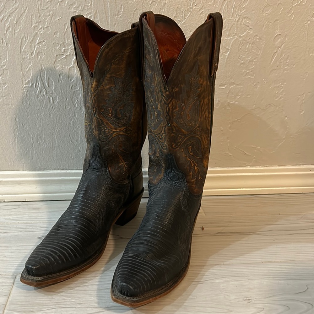 Dark blue and tan Lucchese cowboy boots